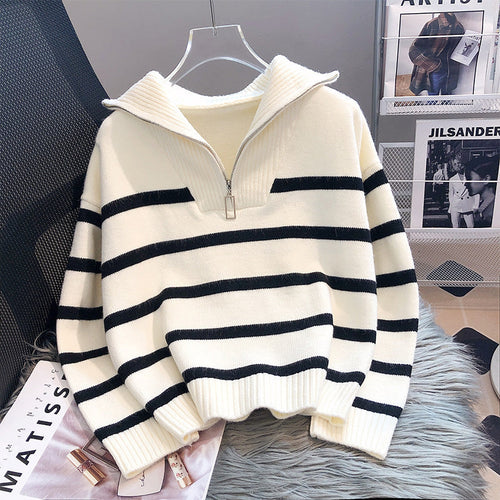 Lucienne - Women's Striped Quarter Zip Sweater