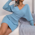 Eleanor - Women's Ribbed V Neck Sweater Dress
