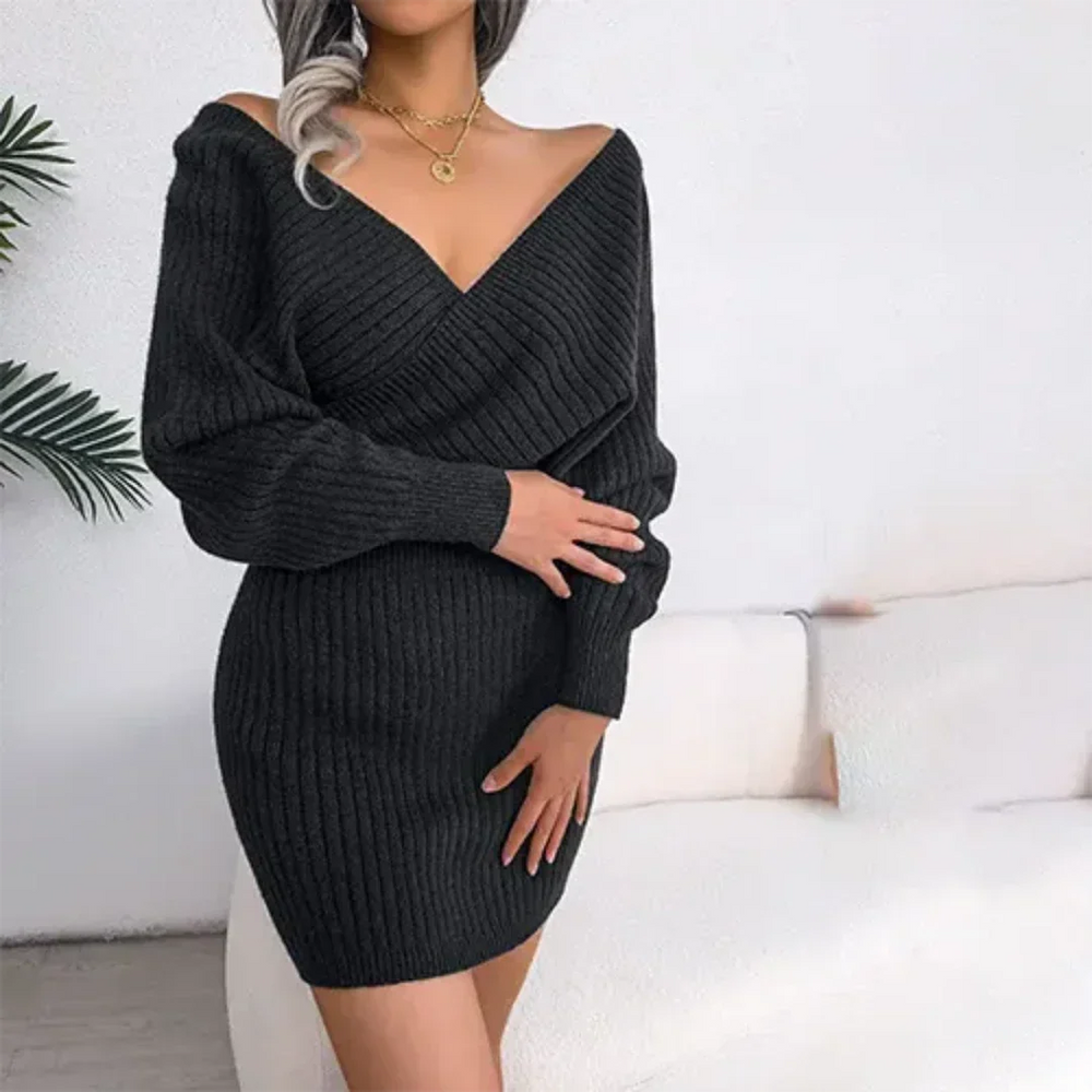 Eleanor - Women's Ribbed V Neck Sweater Dress