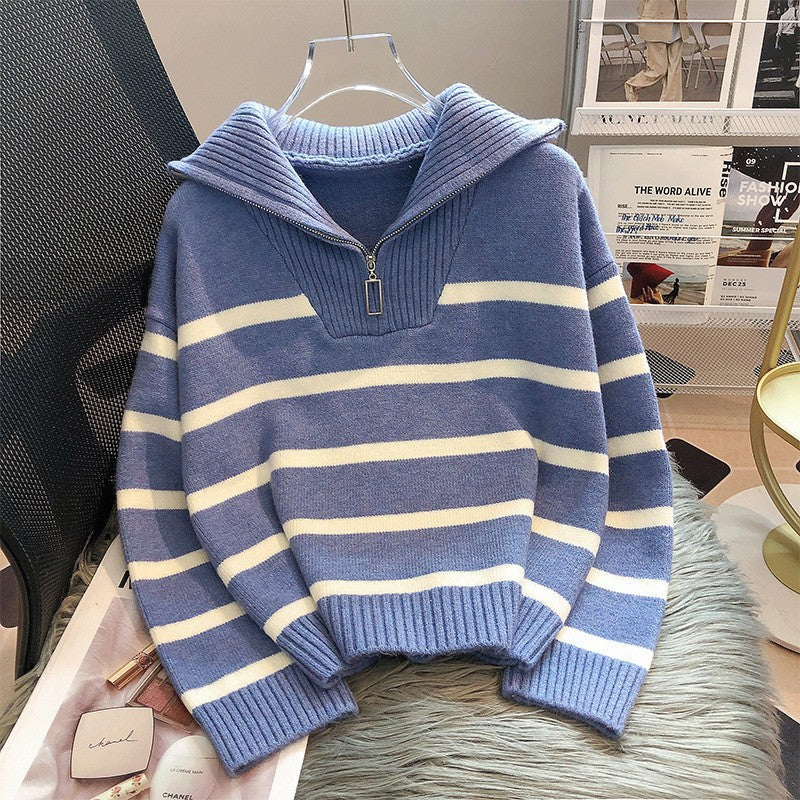Lucienne - Women's Striped Quarter Zip Sweater