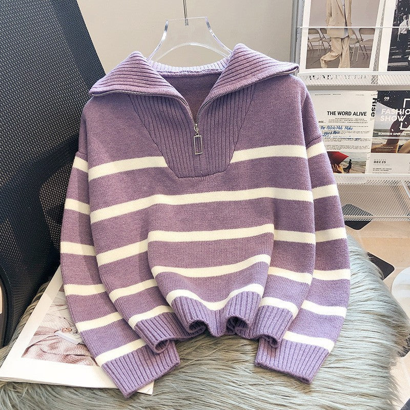 Lucienne - Women's Striped Quarter Zip Sweater