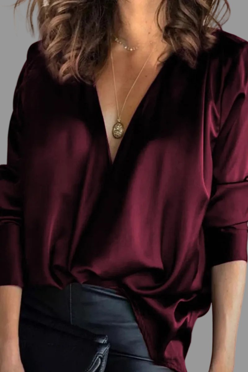 Wanda - Women's Long Sleeve V Neck Satin Blouse